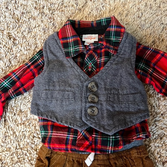 Like brand new 3-piece dressy plaid vest/shirt set w/corduroy pants for NB boy - Picture 2 of 7